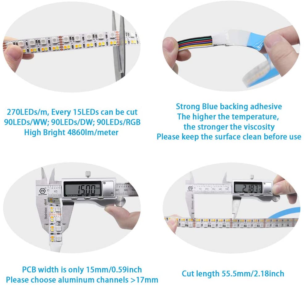 RGBCW Color Changing LED Light Strips - 15mm 24V/12V 5050+2835 LED - 270LEDs/m High Density RGBCW Color Changing LED Light Strips - 15mm 24V/12V 5050+2835 LED - 270LEDs/m High Density